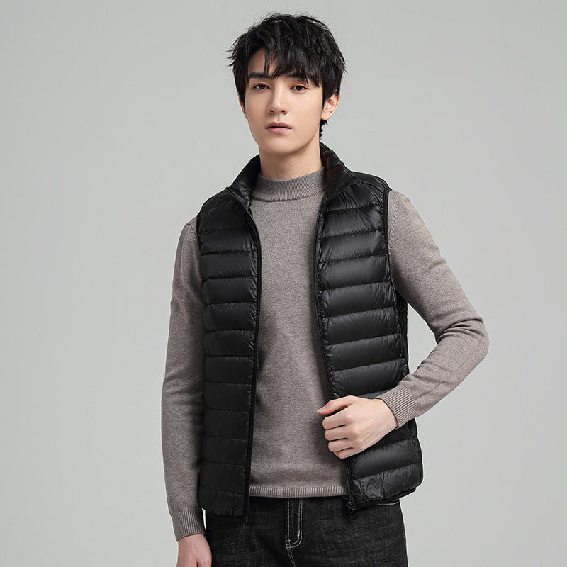Men's Thin Down Vest, Warm White Duck Down, Stand Collar Solid Color Vest, Lightweight Jacket
