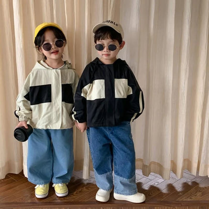 Kids Windbreaker, Boys and Girls Jacket, Spring Autumn Thin Coat, Casual Hooded Zipper, Patchwork Letter Design