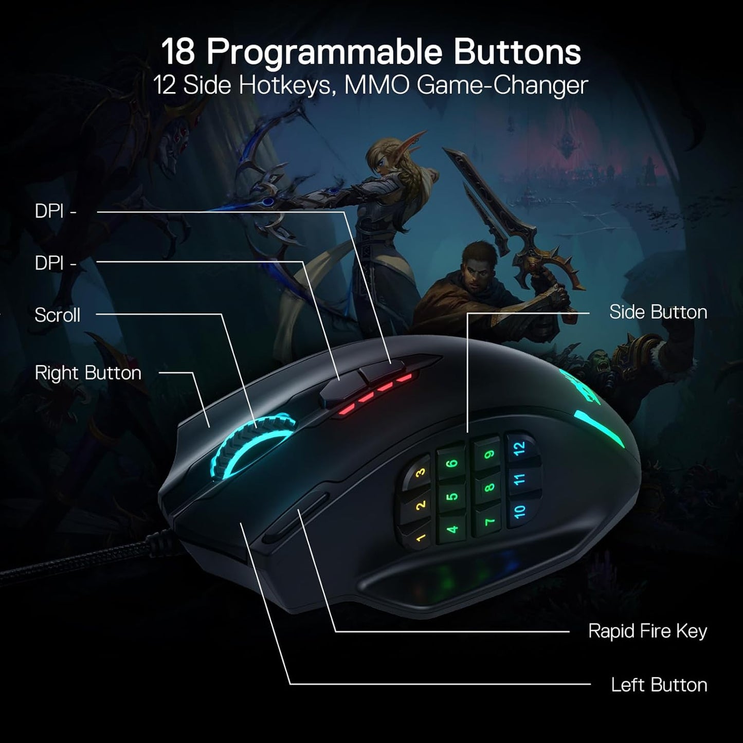 USB Wired Gaming Mouse, Redragon M908, RGB Backlight LED, 12400 DPI, 18 Programmable Buttons