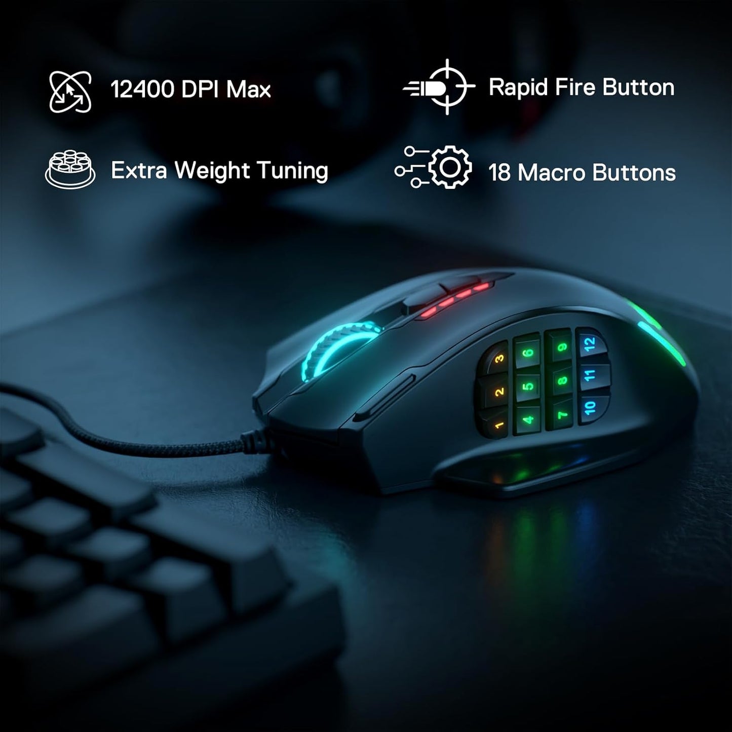 USB Wired Gaming Mouse, Redragon M908, RGB Backlight LED, 12400 DPI, 18 Programmable Buttons