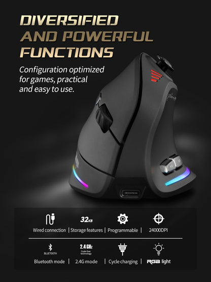 Wireless Vertical Gaming Mouse, RGB Backlit, Programmable Buttons, 24000DPI Control, Adjustable, Wired for Gamers