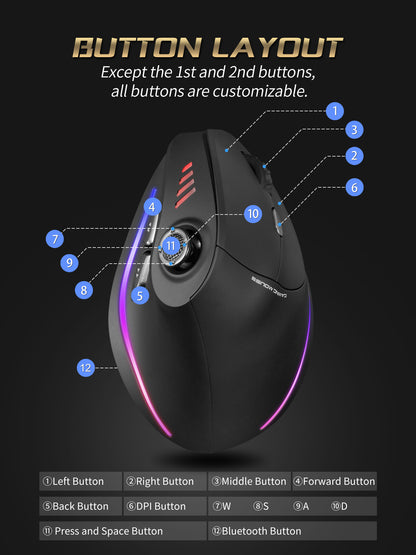 Wireless Vertical Gaming Mouse, RGB Backlit, Programmable Buttons, 24000DPI Control, Adjustable, Wired for Gamers