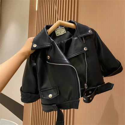 2024 New Classics, Handsome Boys Leather Jacket, Spring Autumn Outerwear for Kids 2-8 Years, Zipper Fly PU Coat