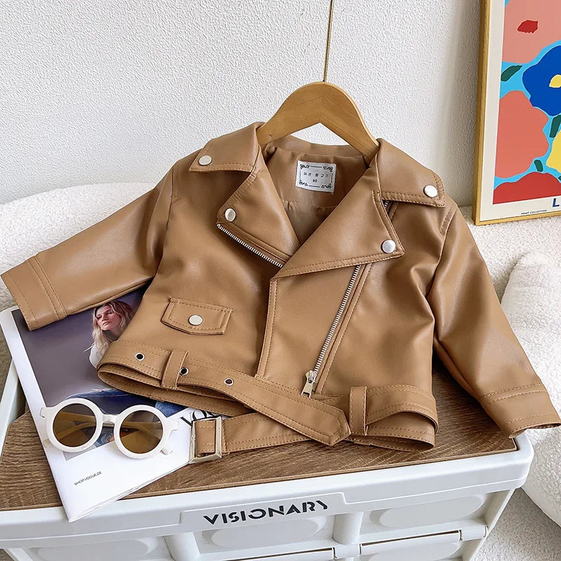 2024 New Classics, Handsome Boys Leather Jacket, Spring Autumn Outerwear for Kids 2-8 Years, Zipper Fly PU Coat