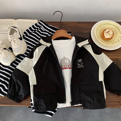 Boys Coat, Cartoon Print Hooded Jacket for Infant to 8 Years, Autumn Casual Zipper Jacket