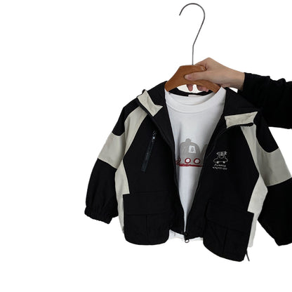 Boys Coat, Cartoon Print Hooded Jacket for Infant to 8 Years, Autumn Casual Zipper Jacket