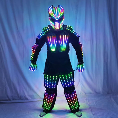 LED Robot Performance Suit with Glowing Armor, Pants, and Mask