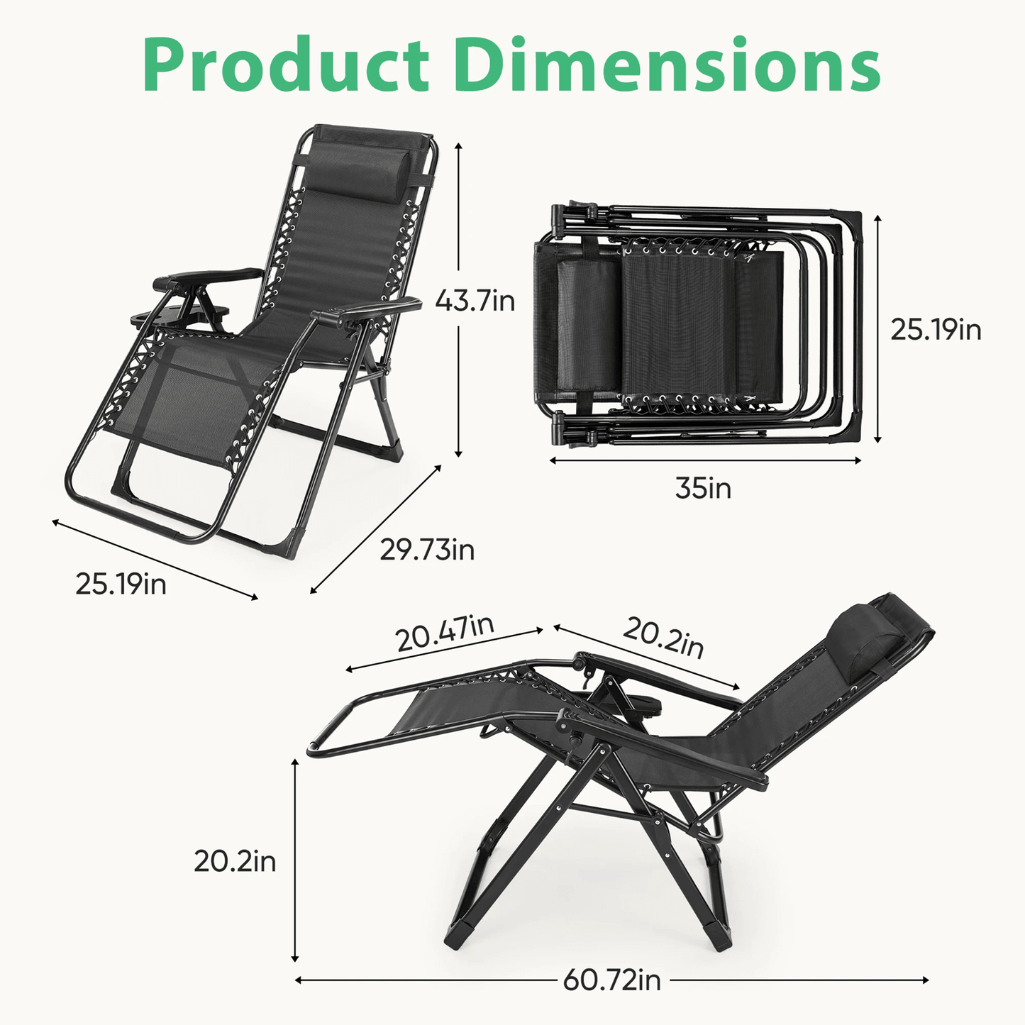 Zero Gravity Lounge Chairs Set Of 2 Portable Recliners With Cup Holder And Adjustable Pillow 2