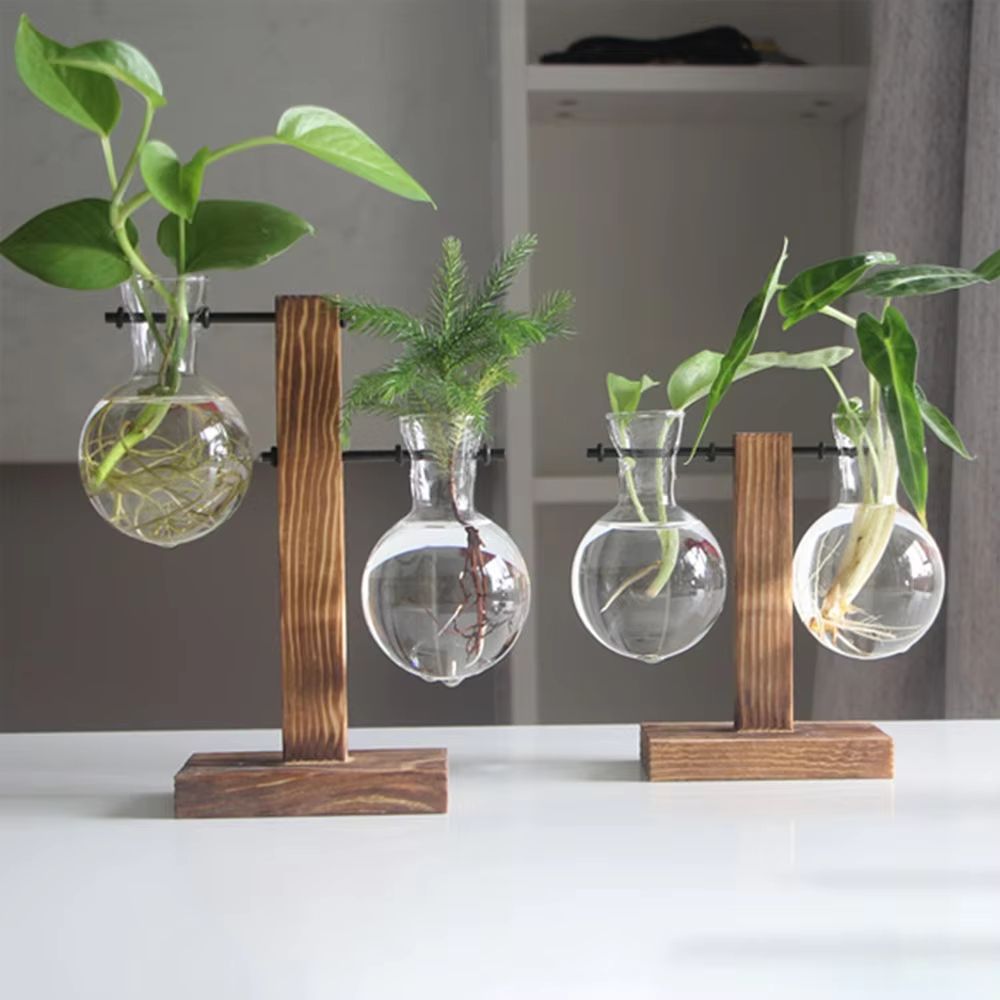 Creative Glass Bulb Vase with Wooden Stand – Hydroponic Plant Container for Home Tabletop Decor