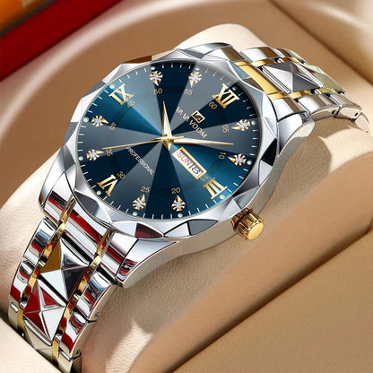 Men's Luxury Stainless Steel Watch – Blue Gold Quartz with Night Glow & Double Calendar