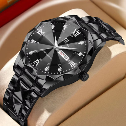 Mens Luxury Stainless Steel Watch  Blue Gold Quartz With Night Glow  Double Calendar 9