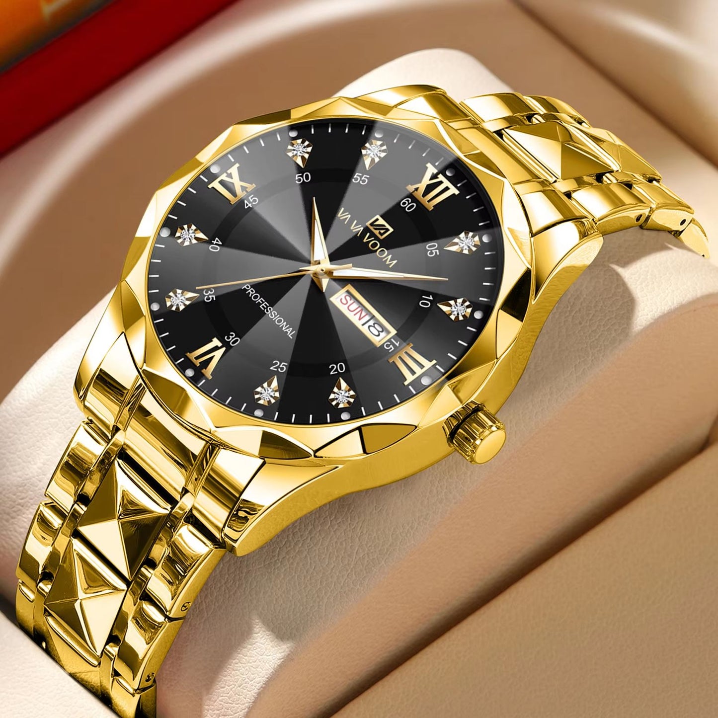Mens Luxury Stainless Steel Watch  Blue Gold Quartz With Night Glow  Double Calendar 10