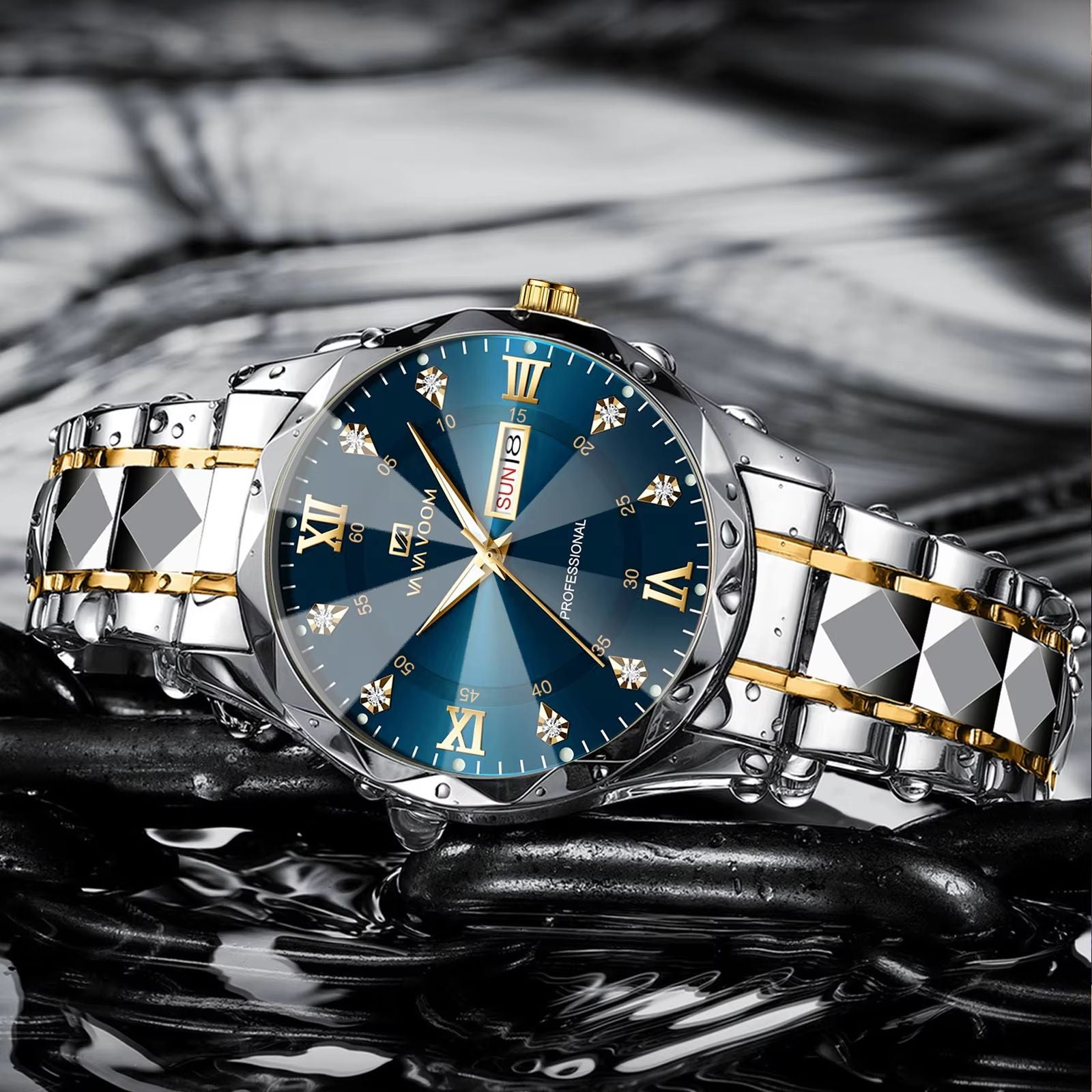 Mens Luxury Stainless Steel Watch  Blue Gold Quartz With Night Glow  Double Calendar 1