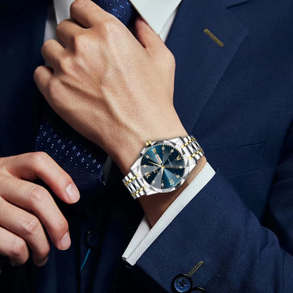 Mens Luxury Stainless Steel Watch  Blue Gold Quartz With Night Glow  Double Calendar 2