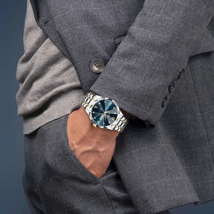 Mens Luxury Stainless Steel Watch  Blue Gold Quartz With Night Glow  Double Calendar 3