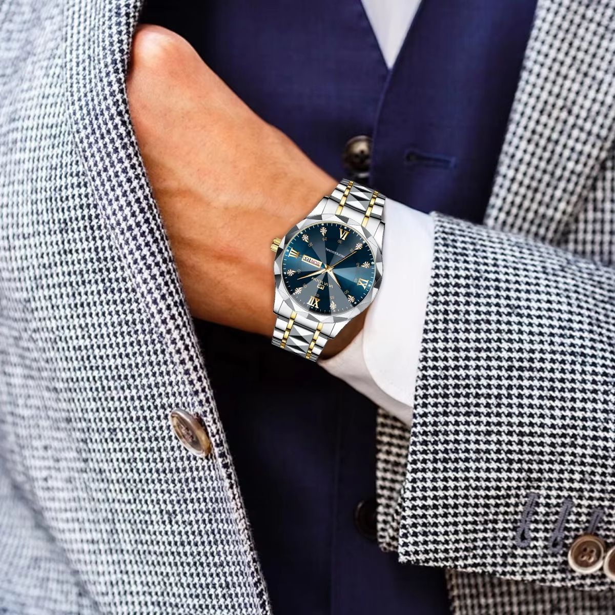Mens Luxury Stainless Steel Watch  Blue Gold Quartz With Night Glow  Double Calendar 4