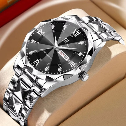 Mens Luxury Stainless Steel Watch  Blue Gold Quartz With Night Glow  Double Calendar 7