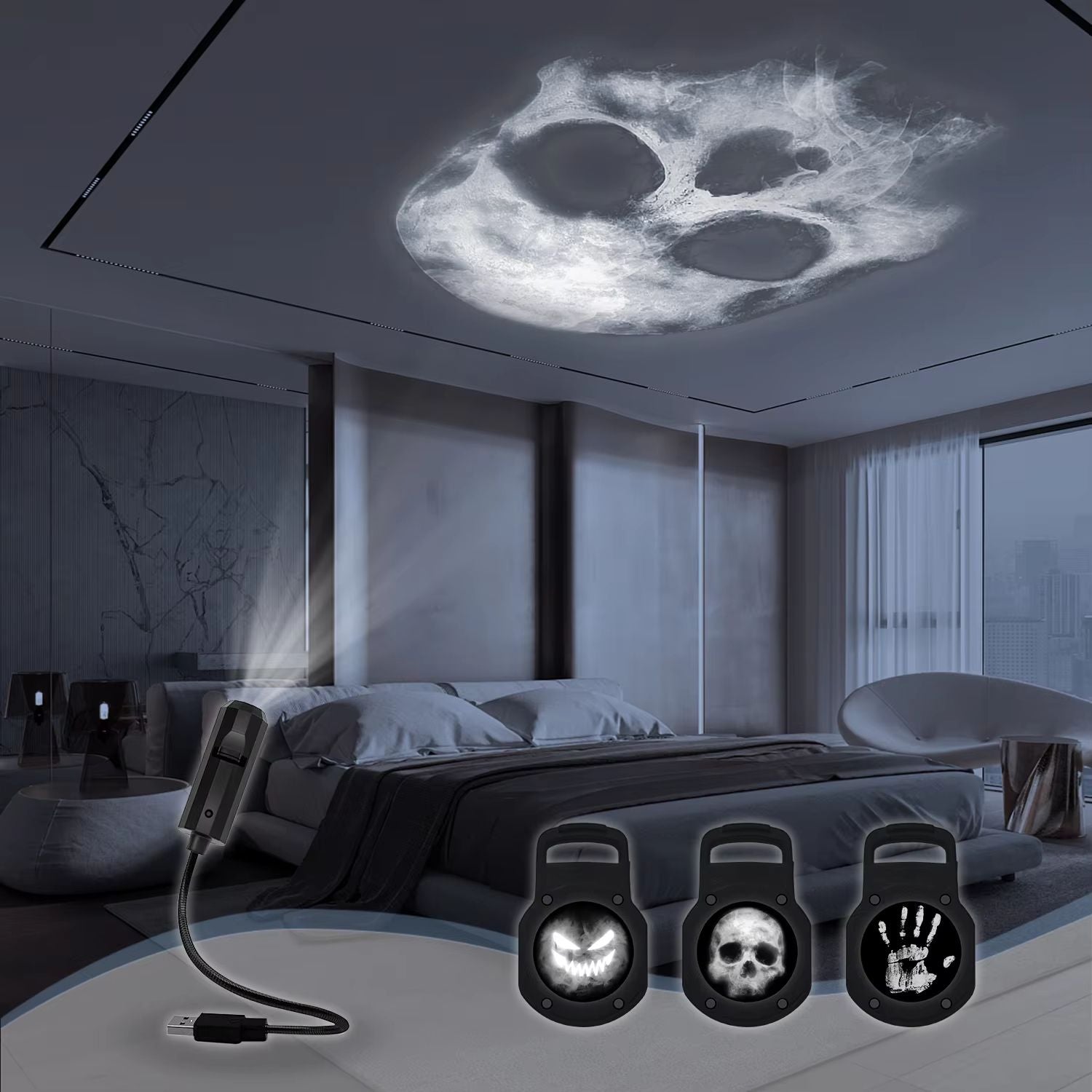 LED Skull Projection Lamp – Switchable Pattern Night Light for Room & Halloween Decor