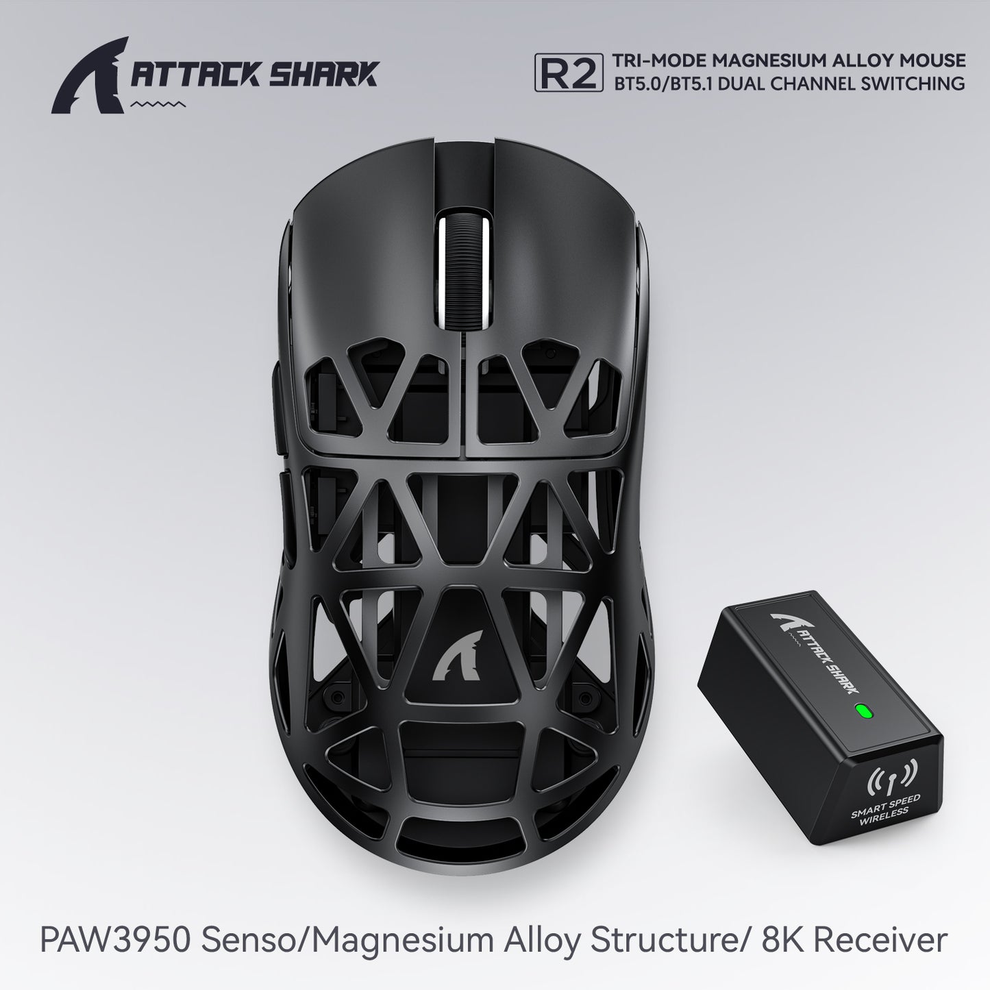 PAW3950 8K Attack Shark R2 Wireless Gaming Mouse, Magnesium Alloy Lightweight, Bluetooth Tri-Mode for Office, Gaming