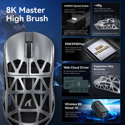 PAW3950 8K Attack Shark R2 Wireless Gaming Mouse, Magnesium Alloy Lightweight, Bluetooth Tri-Mode for Office, Gaming