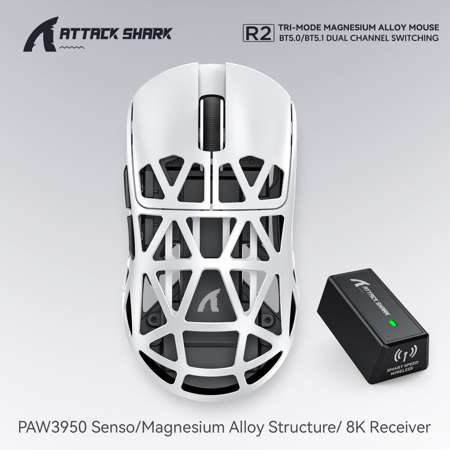 PAW3950 8K Attack Shark R2 Wireless Gaming Mouse, Magnesium Alloy Lightweight, Bluetooth Tri-Mode for Office, Gaming
