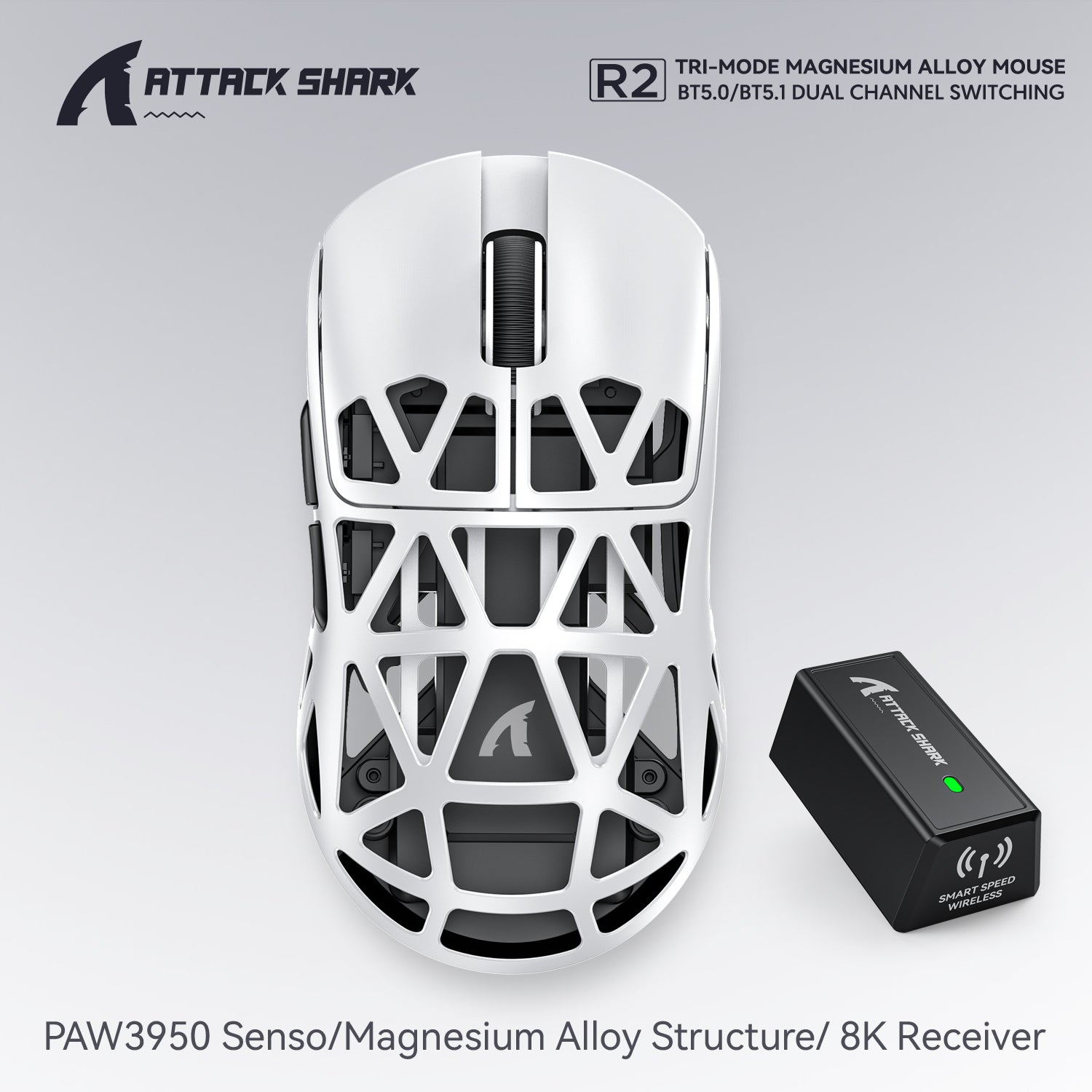 PAW3950 8K Attack Shark R2 Wireless Gaming Mouse, Magnesium Alloy Lightweight, Bluetooth Tri-Mode for Office, Gaming
