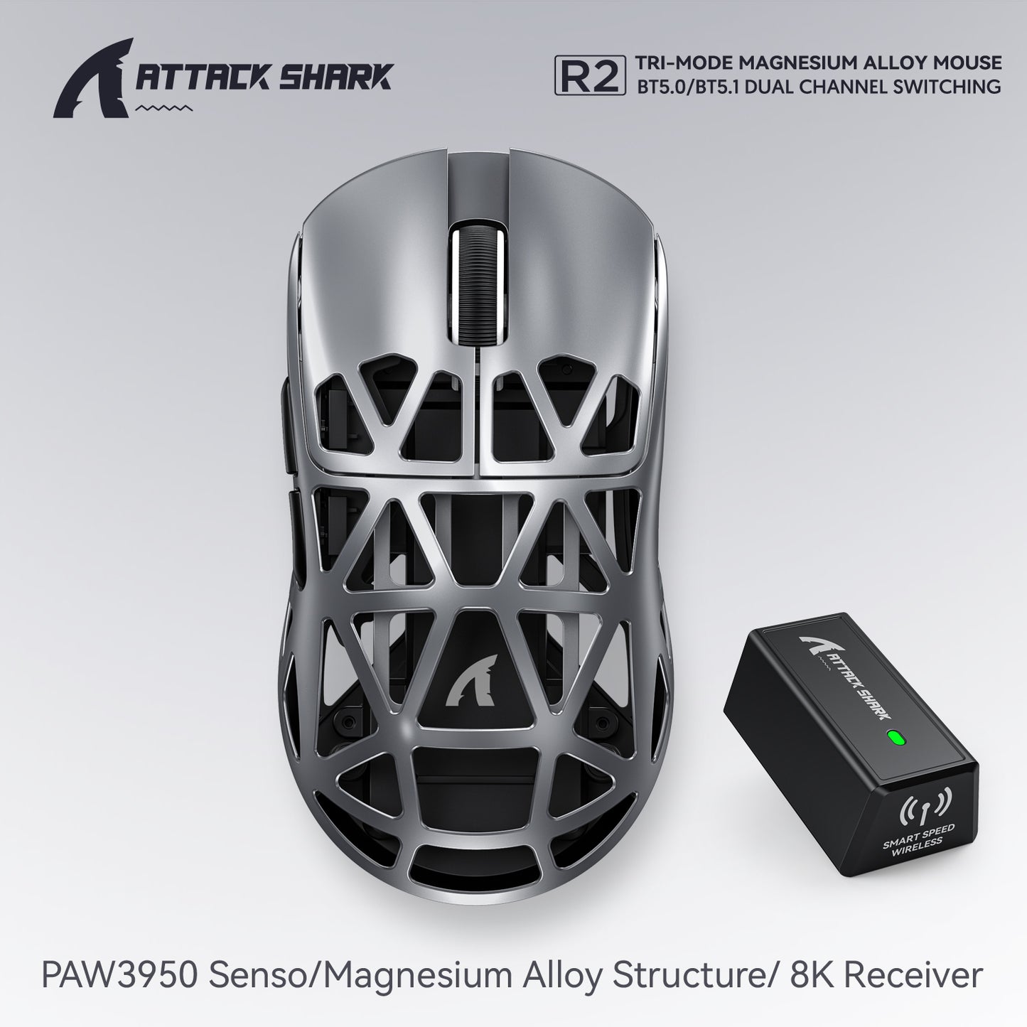PAW3950 8K Attack Shark R2 Wireless Gaming Mouse, Magnesium Alloy Lightweight, Bluetooth Tri-Mode for Office, Gaming