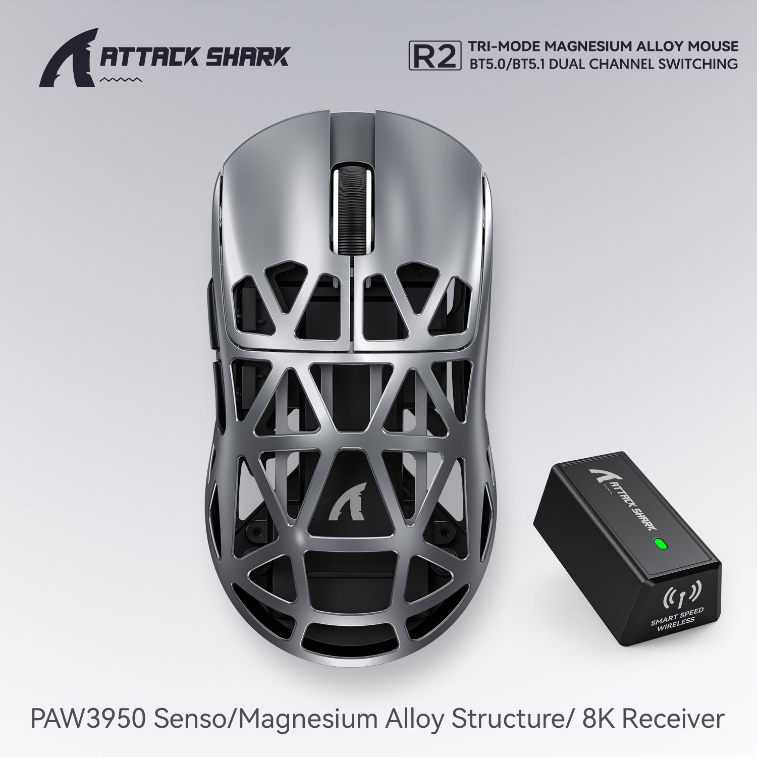 PAW3950 8K Attack Shark R2 Wireless Gaming Mouse, Magnesium Alloy Lightweight, Bluetooth Tri-Mode for Office, Gaming