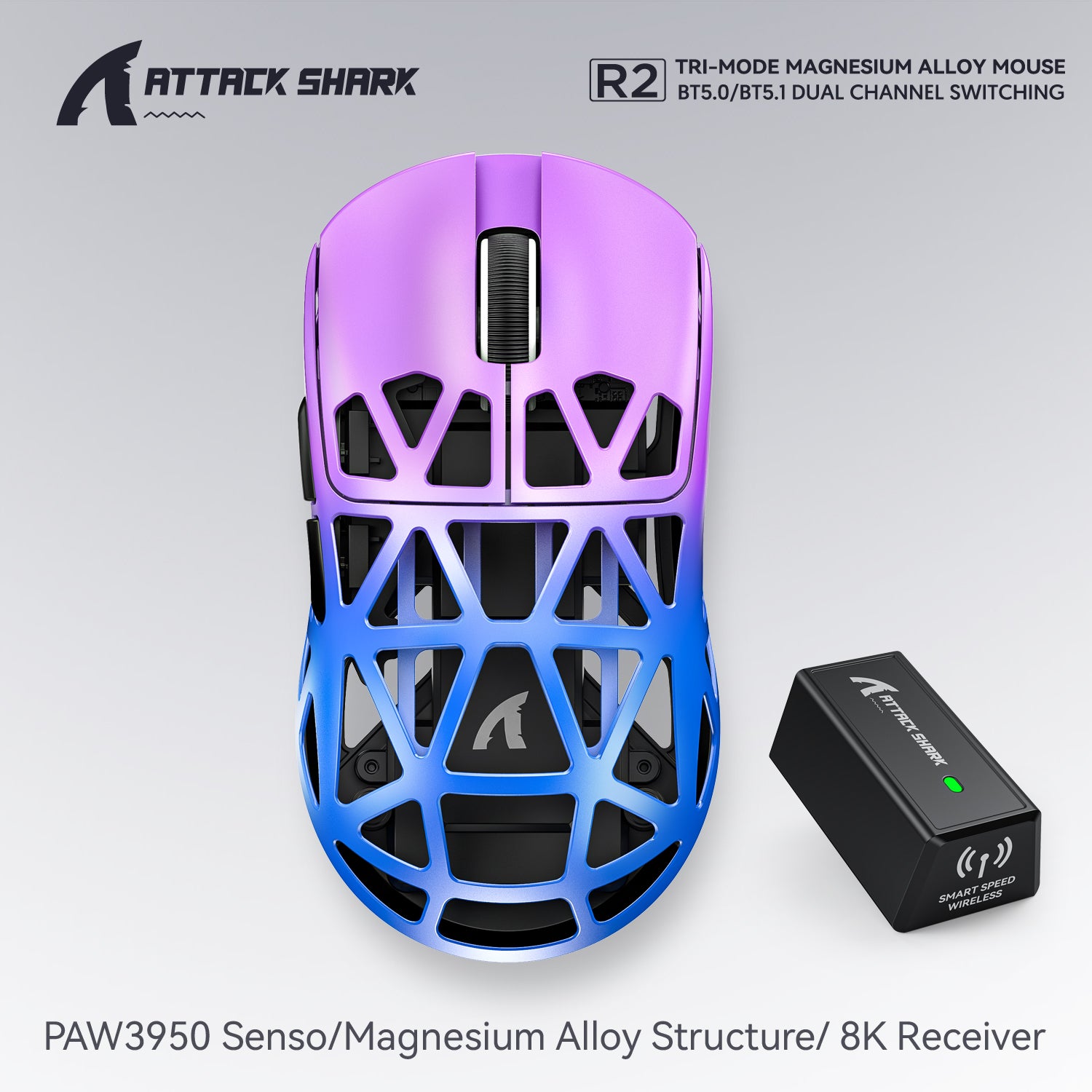 PAW3950 8K Attack Shark R2 Wireless Gaming Mouse, Magnesium Alloy Lightweight, Bluetooth Tri-Mode for Office, Gaming