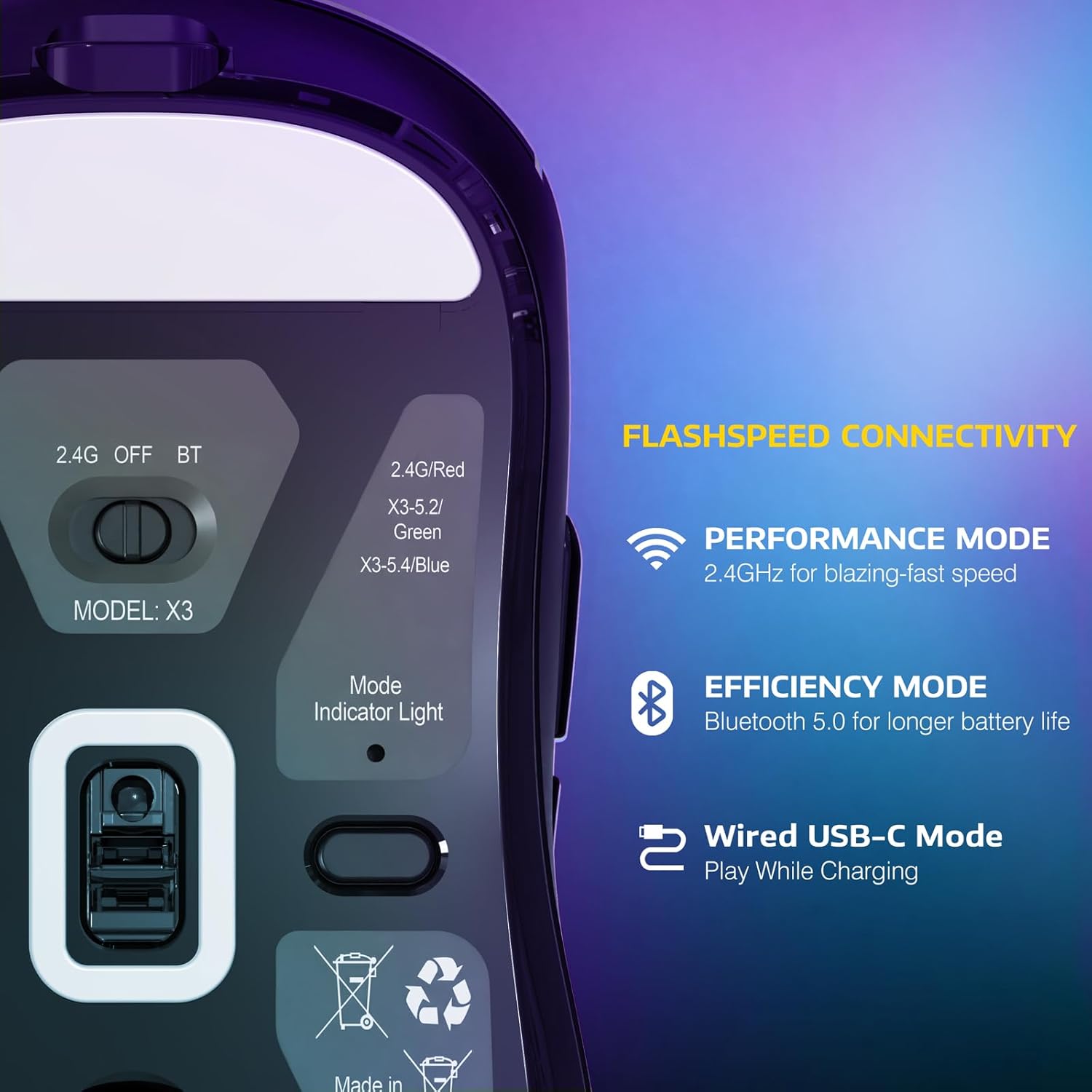 Lightweight ATTACK SHARK X3 Wireless Gaming Mouse, PAW3395 26K DPI Sensor, 49g Tri-Mode, 5 Programmable Buttons
