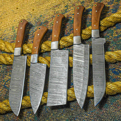 Custom Forged Damascus Chef Knife Set – Razor Sharp Kitchen Knives with Wooden Handles