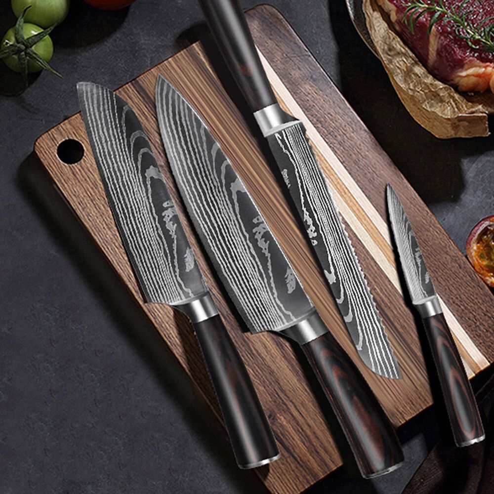 5PC Japanese Kitchen Style Knives Set Laser Damascus Pattern Chef Knife With Scabbard  High Carbon 1