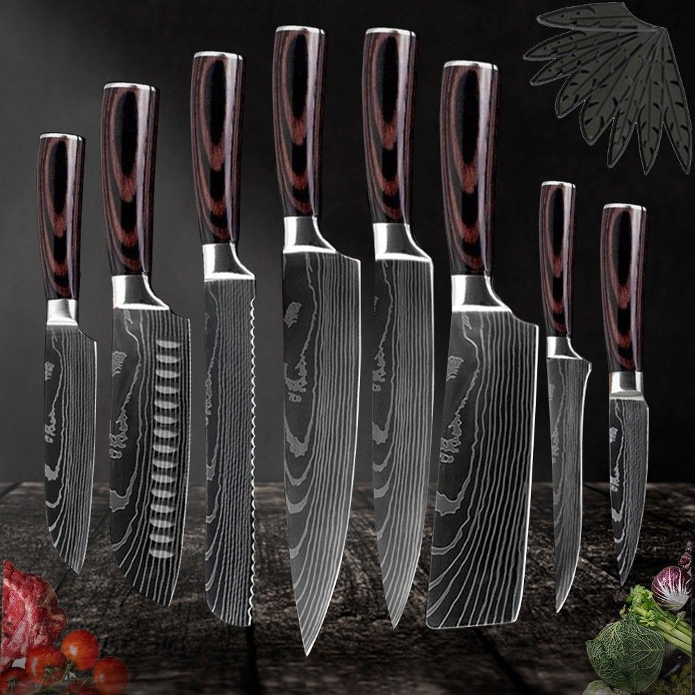 5PC Japanese Kitchen Style Knives Set Laser Damascus Pattern Chef Knife With Scabbard  High Carbon 4