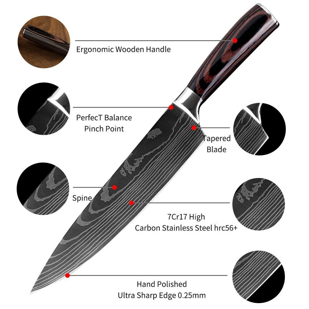 5PC Japanese Kitchen Style Knives Set Laser Damascus Pattern Chef Knife With Scabbard  High Carbon 3