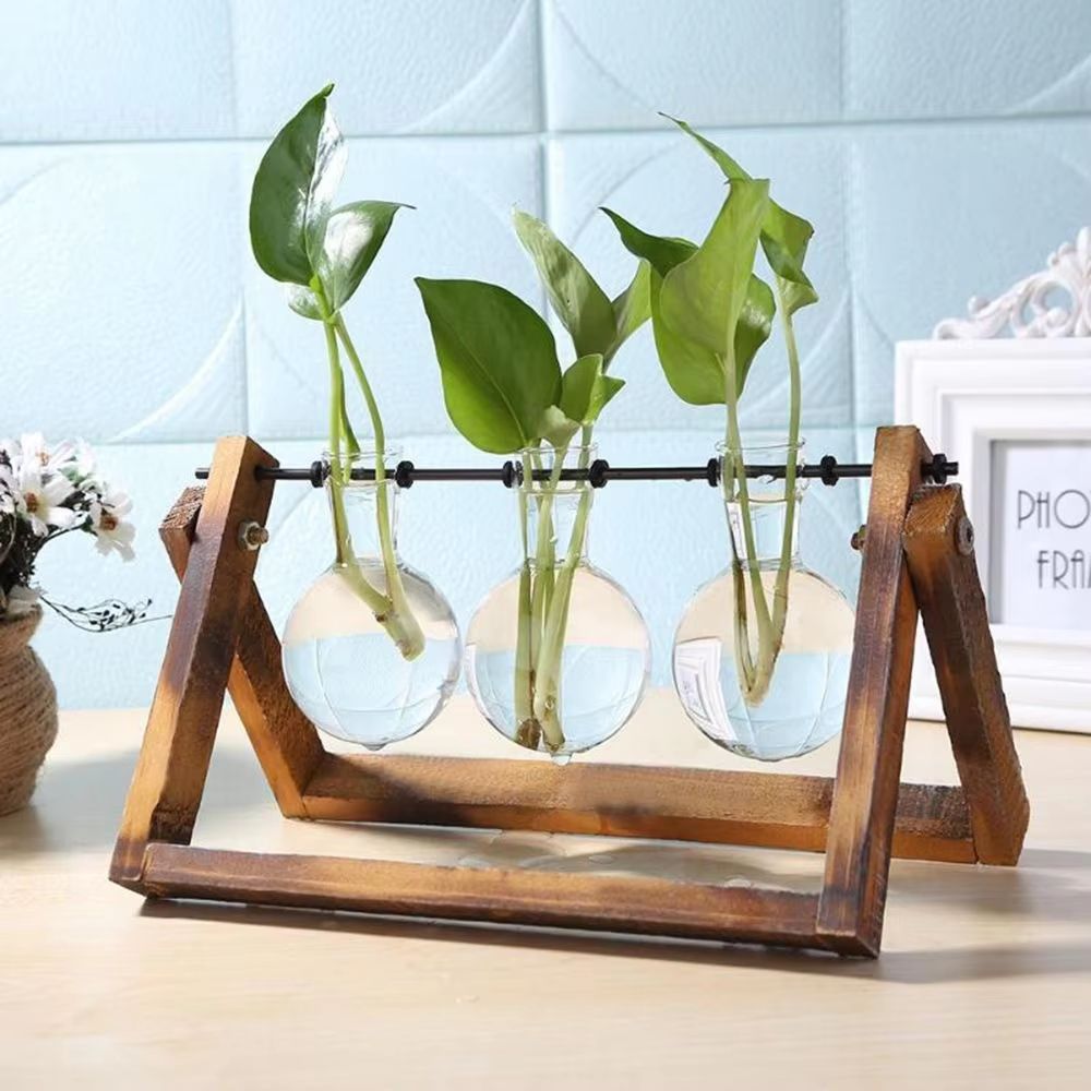Wooden Frame Hydroponic Glass Vase  Tabletop Terrarium Planter For Home Decoration 1