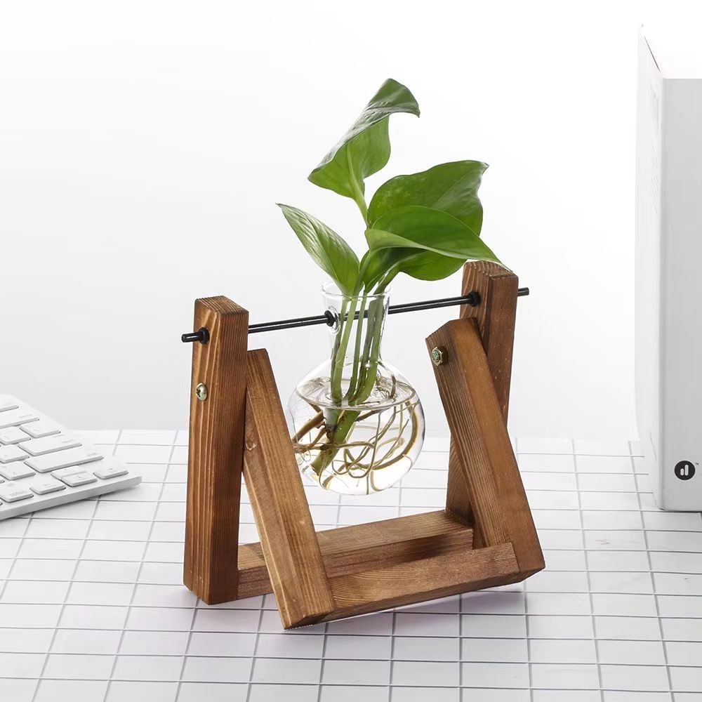 Wooden Frame Hydroponic Glass Vase  Tabletop Terrarium Planter For Home Decoration 3