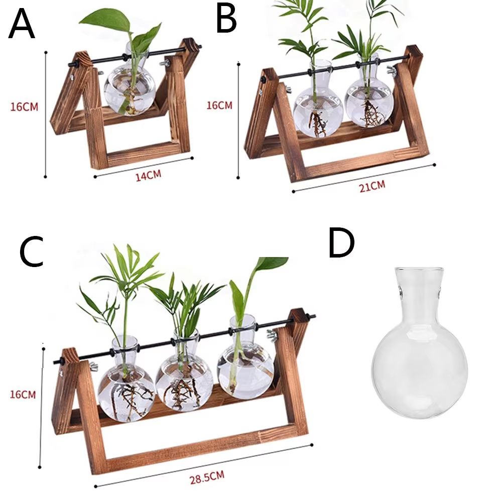 Wooden Frame Hydroponic Glass Vase  Tabletop Terrarium Planter For Home Decoration 5