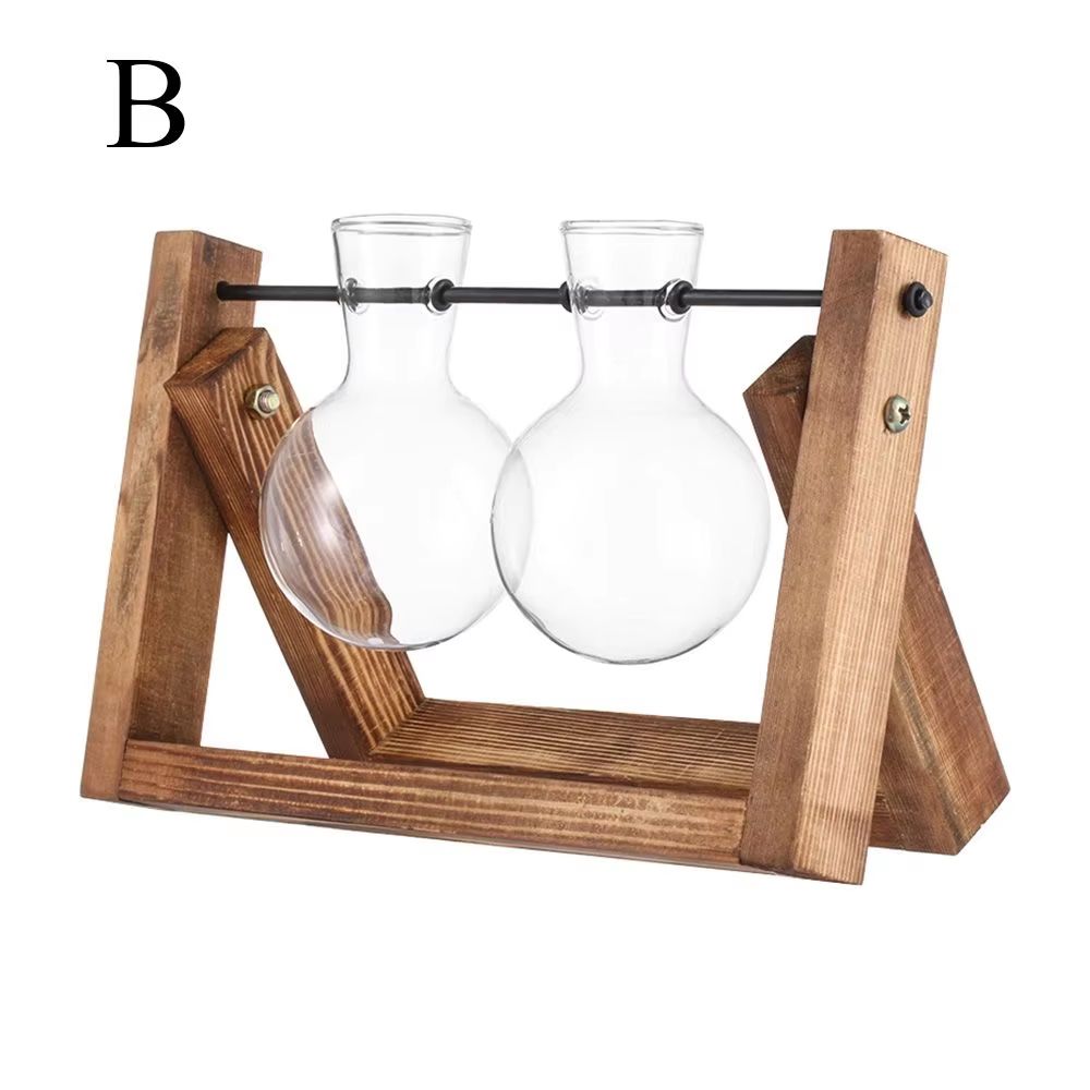Wooden Frame Hydroponic Glass Vase  Tabletop Terrarium Planter For Home Decoration 8