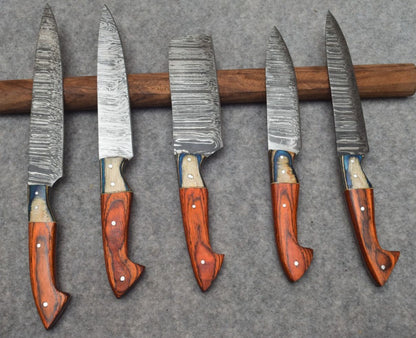 Hand Forged Damascus Steel 5Pc Chef Knife Set with Leather Cover | Handmade Kitchen Knives