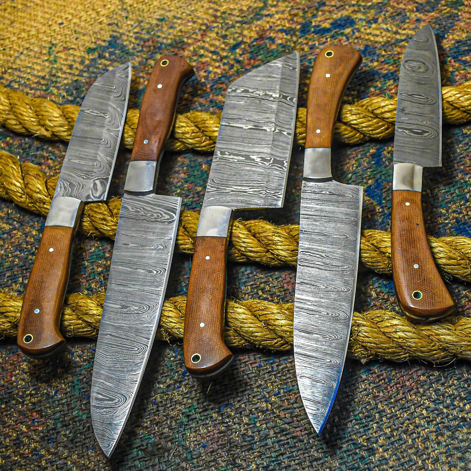 Custom Hand Forged Damascus Chef Knives Set Of 5 With Leather Cover  Kitchen Cutlery 1