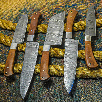 Custom Hand Forged Damascus Chef Knives Set Of 5 With Leather Cover  Kitchen Cutlery 1