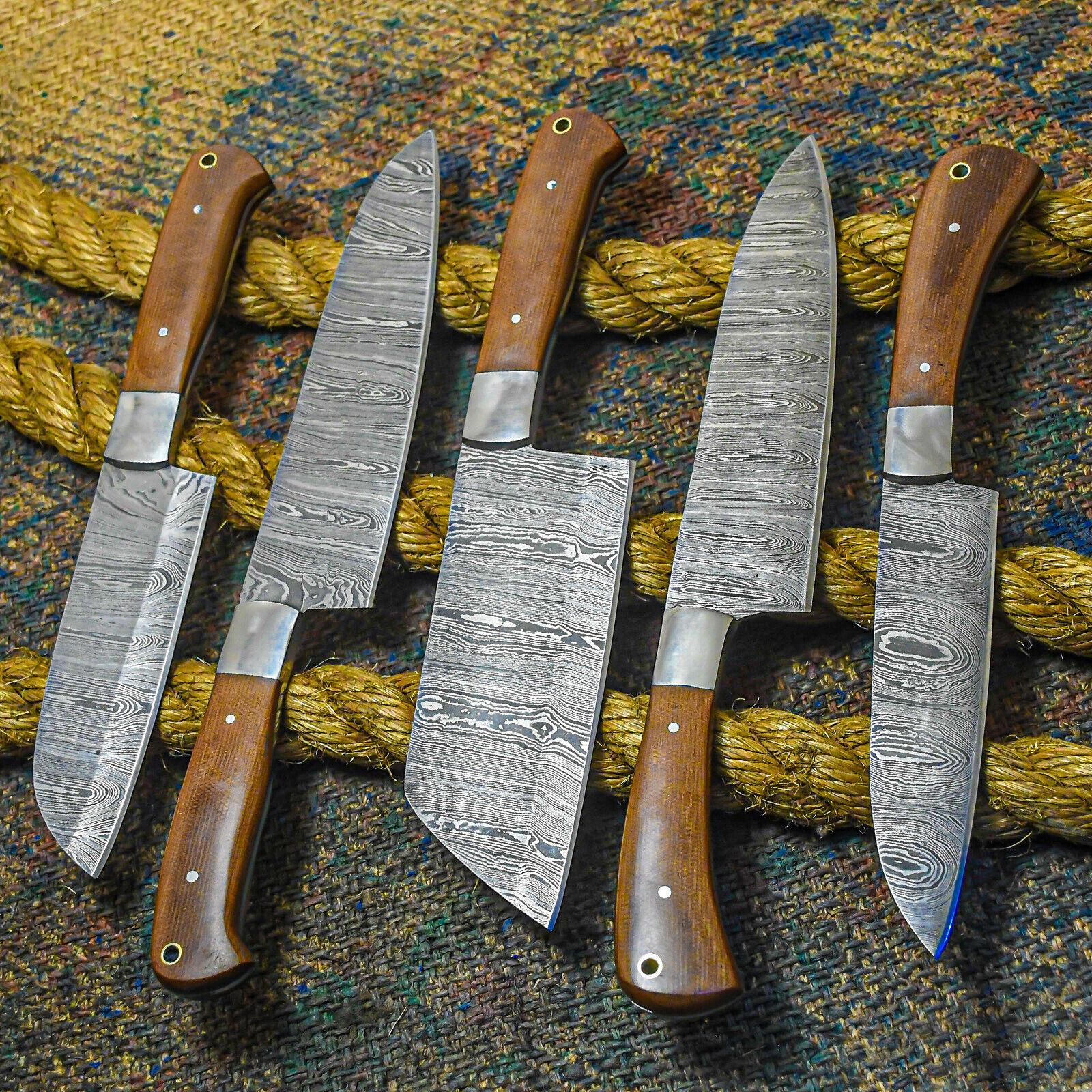 Custom Hand Forged Damascus Chef Knives Set of 5 with Leather Cover | Kitchen Cutlery