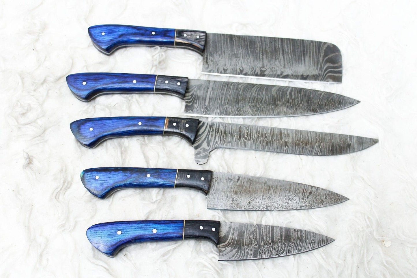 Premium Damascus Steel Kitchen Knife Set | 5 Handmade Chef Knives with Leather Case
