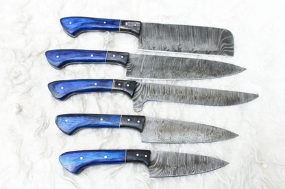 Premium Damascus Steel Kitchen Knife Set | 5 Handmade Chef Knives with Leather Case