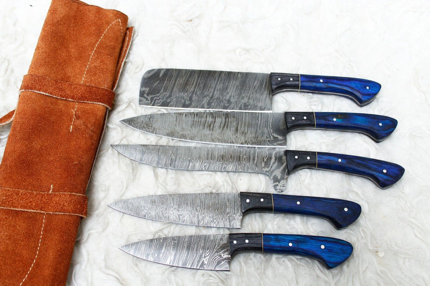 Premium Damascus Steel Kitchen Knife Set  5 Handmade Chef Knives With Leather Case 1