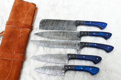 Premium Damascus Steel Kitchen Knife Set  5 Handmade Chef Knives With Leather Case 1