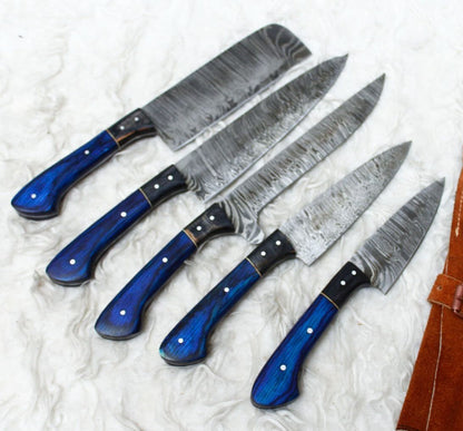 Premium Damascus Steel Kitchen Knife Set  5 Handmade Chef Knives With Leather Case 3