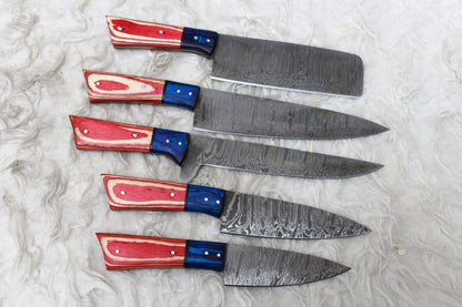 Professional Handmade Damascus Chef Knife Set  5Pc Forged Knives With Leather Roll 1