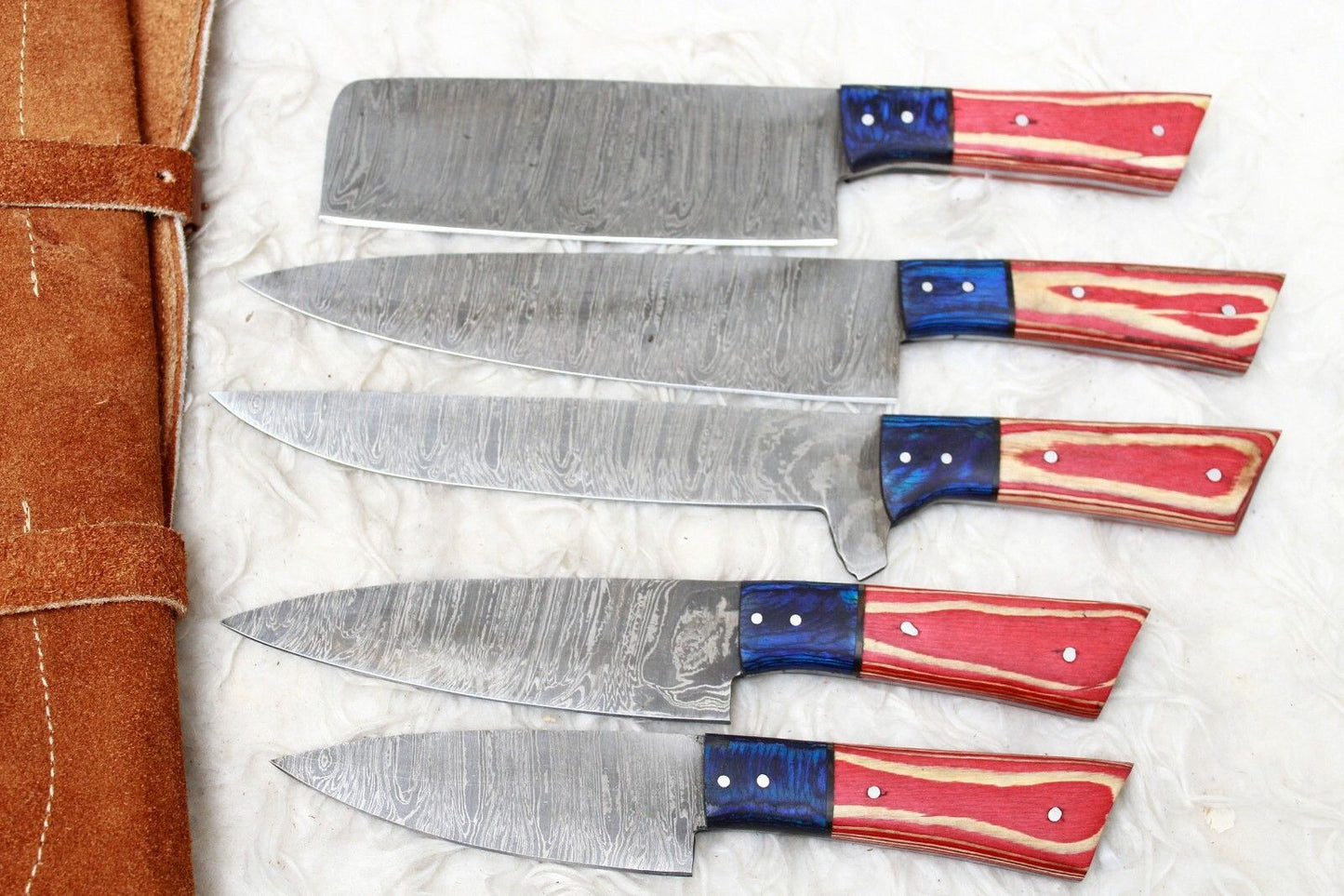 Professional Handmade Damascus Chef Knife Set  5Pc Forged Knives With Leather Roll 2
