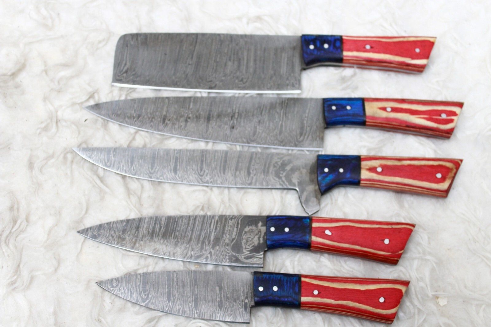 Professional Handmade Damascus Chef Knife Set  5Pc Forged Knives With Leather Roll 3